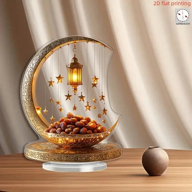2D Flat - 2D Acrylic Crescent Moon and Star Tabletop Decor – Boho Style, Universal Holiday Collectible Figurine, Detailed Golden Accent Design, Non-Electric, Ideal for Eid al-Fitr Celebration, Kitchen, Home Decor, Fine Craf