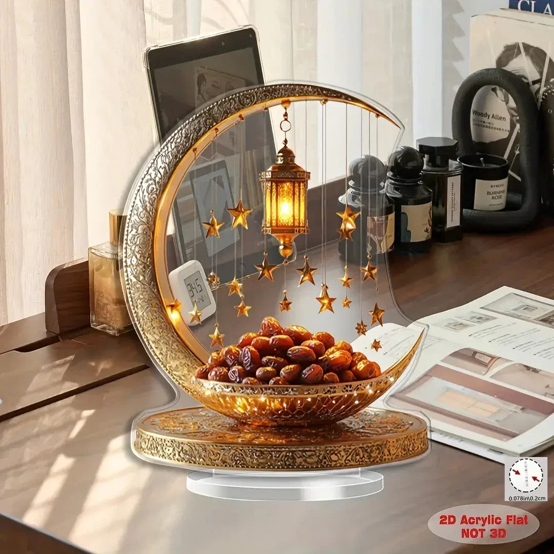 2D Flat - 2D Acrylic Crescent Moon and Star Tabletop Decor – Boho Style, Universal Holiday Collectible Figurine, Detailed Golden Accent Design, Non-Electric, Ideal for Eid al-Fitr Celebration, Kitchen, Home Decor, Fine Craf