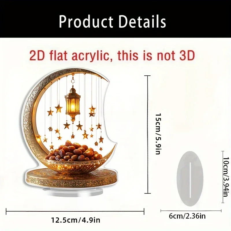 2D Flat - 2D Acrylic Crescent Moon and Star Tabletop Decor – Boho Style, Universal Holiday Collectible Figurine, Detailed Golden Accent Design, Non-Electric, Ideal for Eid al-Fitr Celebration, Kitchen, Home Decor, Fine Craf