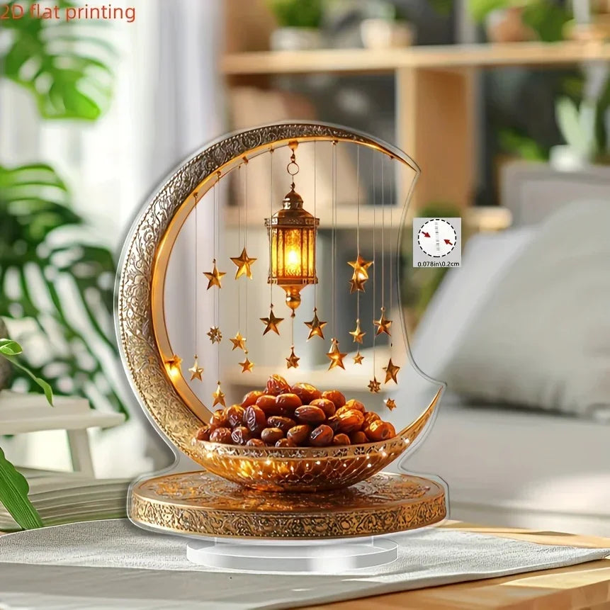 2D Flat - 2D Acrylic Crescent Moon and Star Tabletop Decor – Boho Style, Universal Holiday Collectible Figurine, Detailed Golden Accent Design, Non-Electric, Ideal for Eid al-Fitr Celebration, Kitchen, Home Decor, Fine Craf