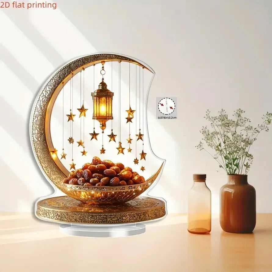 2D Flat - 2D Acrylic Crescent Moon and Star Tabletop Decor – Boho Style, Universal Holiday Collectible Figurine, Detailed Golden Accent Design, Non-Electric, Ideal for Eid al-Fitr Celebration, Kitchen, Home Decor, Fine Craf