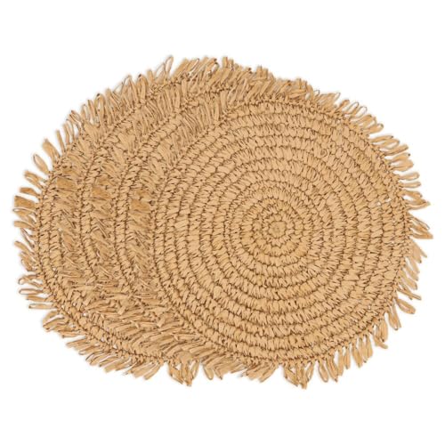 Fennco Styles Raffia Fringe Placemat 14" Round, Set of 4 - Black Woven Rustic Table Mat for Home, Dining Room, Banquets, Boho Decor, Family Gathering and Special Occasion