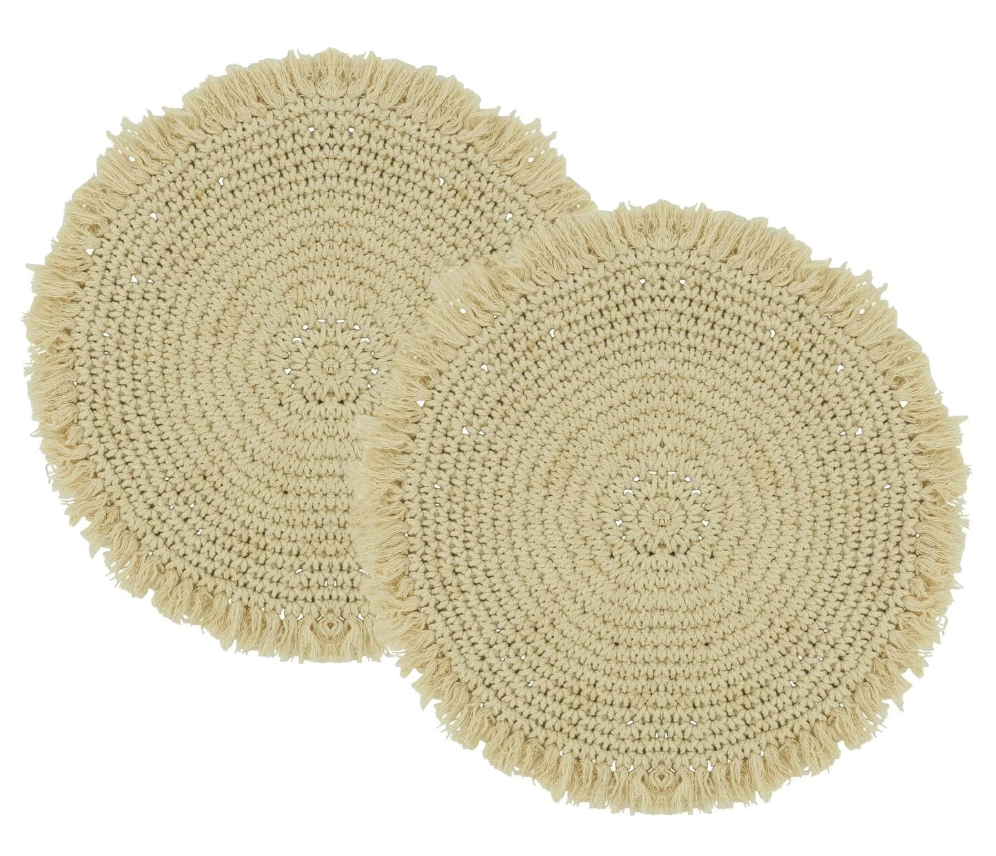 Fennco Styles Boho Macrame Cotton Placemats 15" Round, Set of 2 - Natural Braided Fringe Table Mats for Home, Dining Room, Banquets, Family Gathering and Special Events