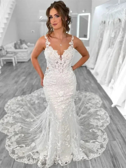 Boho Mermaid Wedding Dresses for Women  Open Back V-Neck Lace Spaghetti Strap Bridal Gown Vestidos De Novia Customized