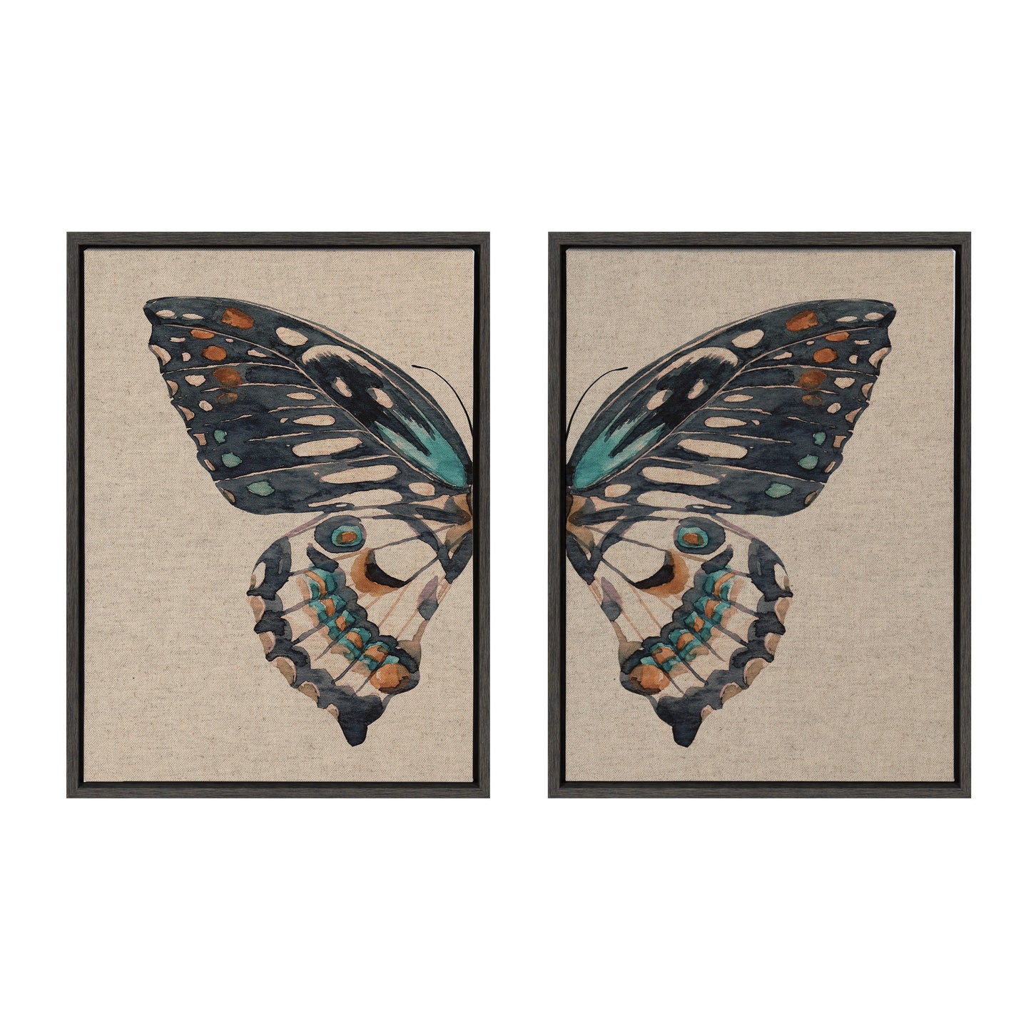 Sylvie Boho Butterfly Watercolor Diptych Neutral Linen Framed Canvas Art Set by The Creative Bunch Studio