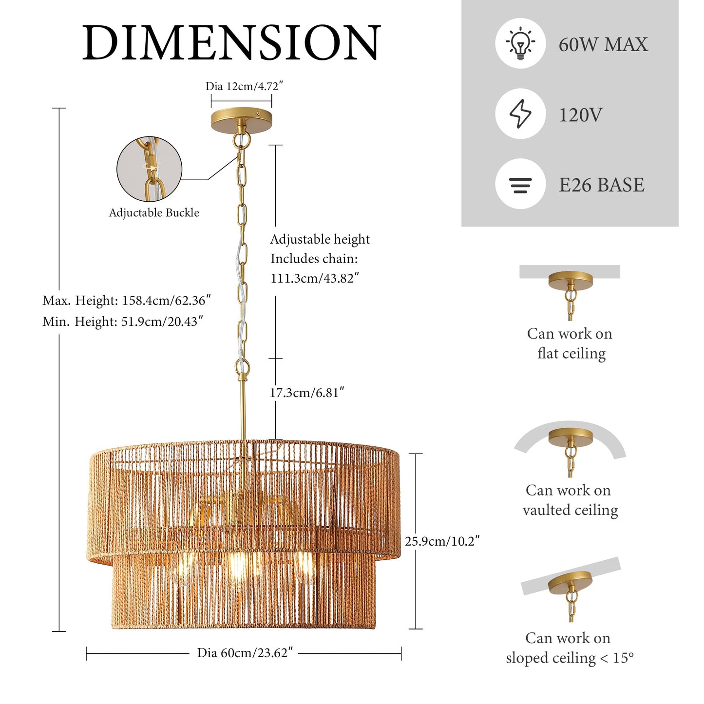 23.62" Handwoven Woven Paper Rattan Chandelier