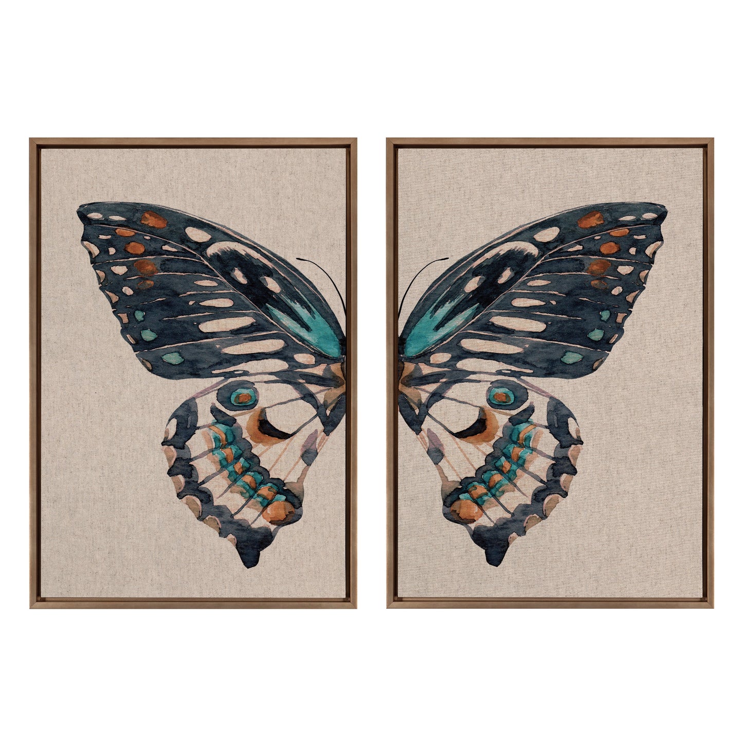 Sylvie Boho Butterfly Watercolor Diptych Neutral Linen Framed Canvas Art Set by The Creative Bunch Studio