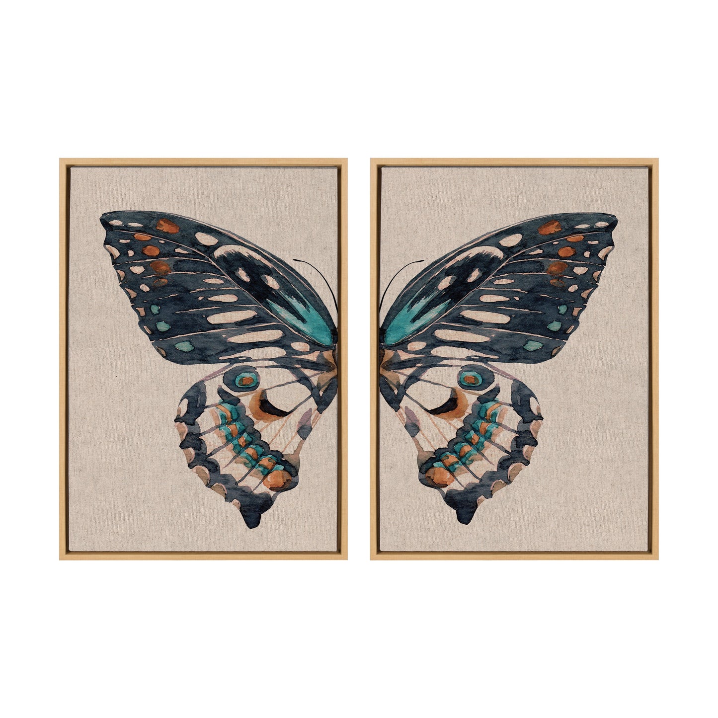 Sylvie Boho Butterfly Watercolor Diptych Neutral Linen Framed Canvas Art Set by The Creative Bunch Studio
